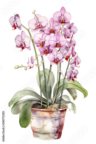 Watercolor Illustration of Orchids in a Pot for Home Decor. Generative AI