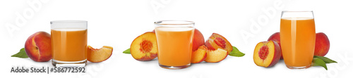 Set of peach juice in glasses and fresh fruits isolated on white