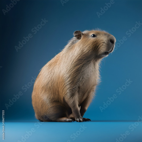 capybara sitting isolated on plain blue studio background, made with generative ai