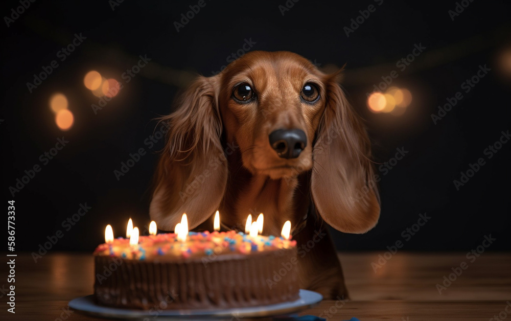Generative AI image of a dachshund wiener dog with a birthday cake ...