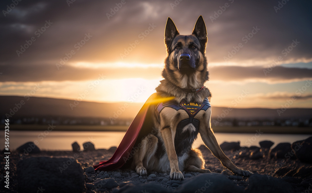 Generative AI image of a german shepherd dressed as a cuper hero at a ocean - obrazy, fototapety, plakaty 