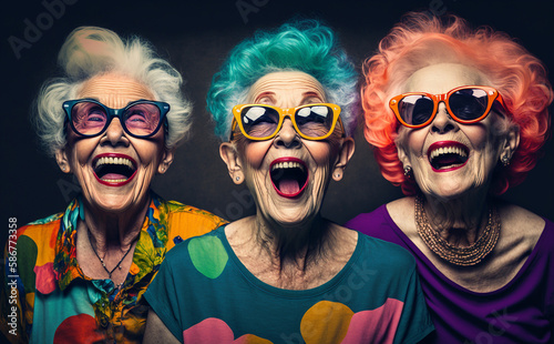 Generative AI image of three old ladies laughing