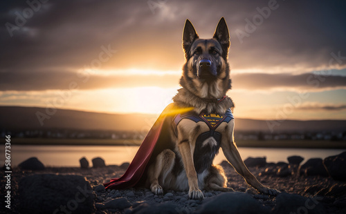 Generative AI image of a german shepherd dressed as a cuper hero at a ocean © annette shaff