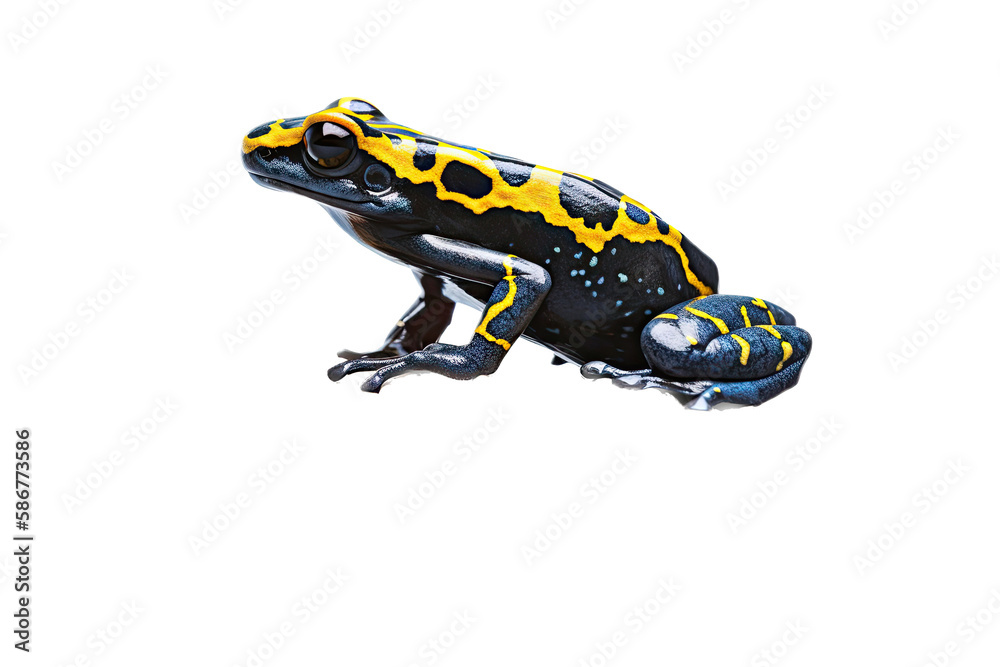 Fototapeta premium an isolated yellow and black, and red colored poison dart frog on flowers and leaves, jungle-themed photographic illustration on a transparent background in PNG. generative ai