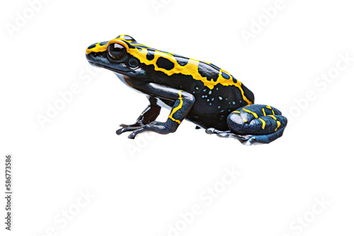 an isolated yellow and black, and red colored poison dart frog on flowers and leaves, jungle-themed photographic illustration on a transparent background in PNG. generative ai