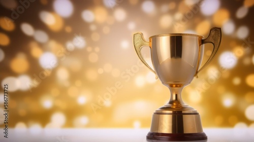 Gold trophy on table and blurry bokeh background. Generative AI