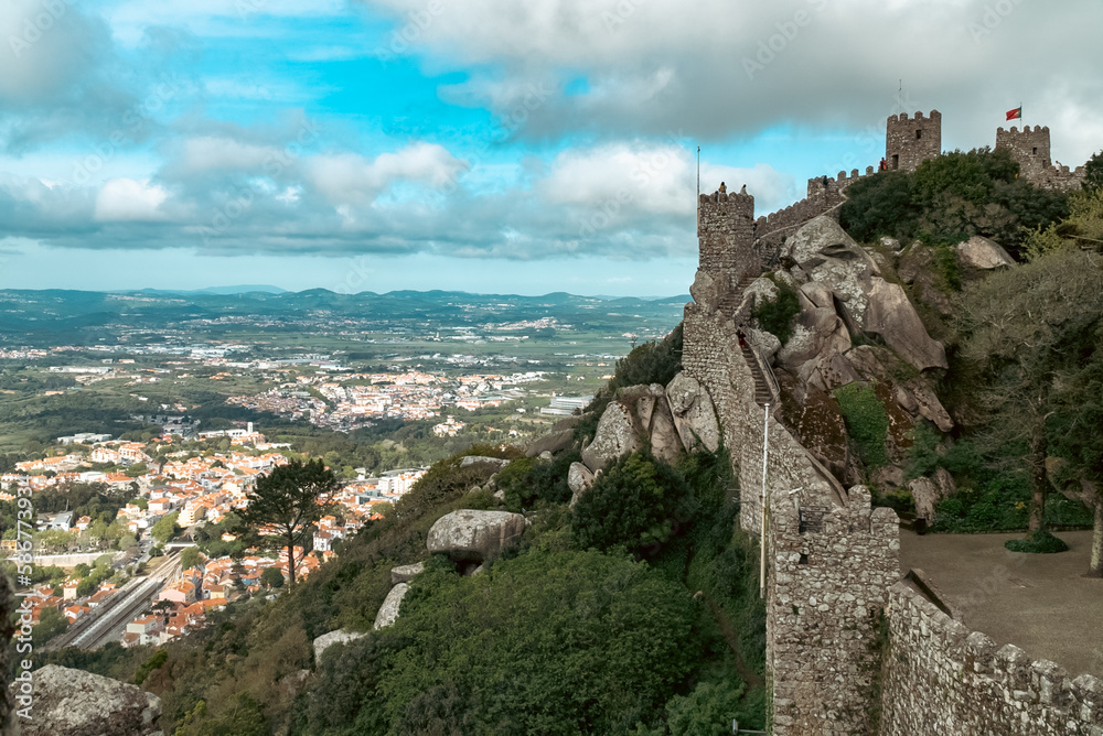 Sintra, Lisboa, Portugal. October 4, 2022: Castle of the Moors with beautiful blue sky sky.
