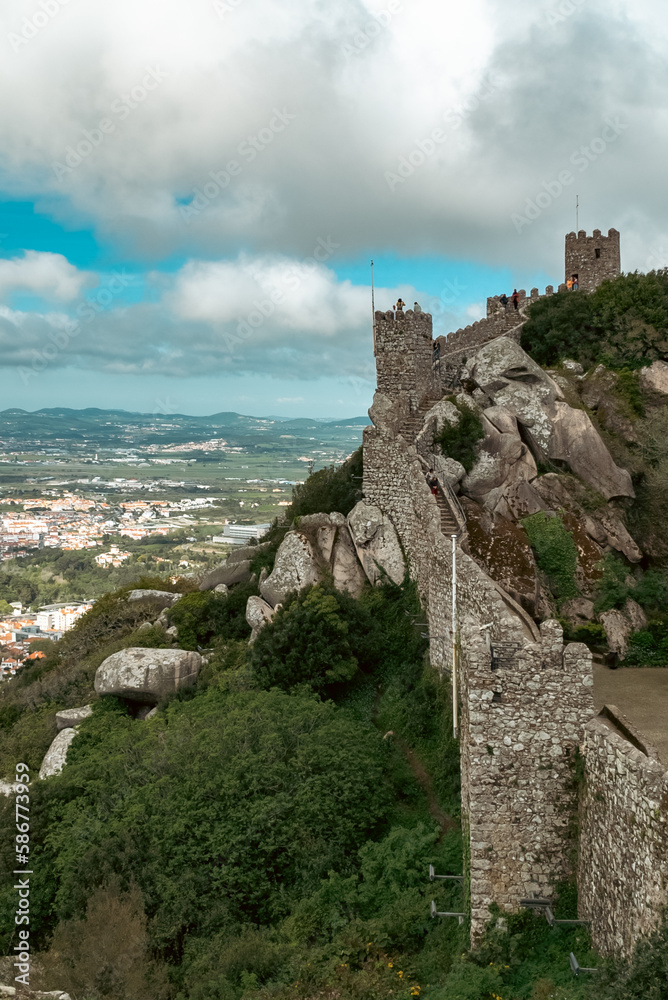 Sintra, Lisboa, Portugal. October 4, 2022: Castle of the Moors with beautiful blue sky sky.