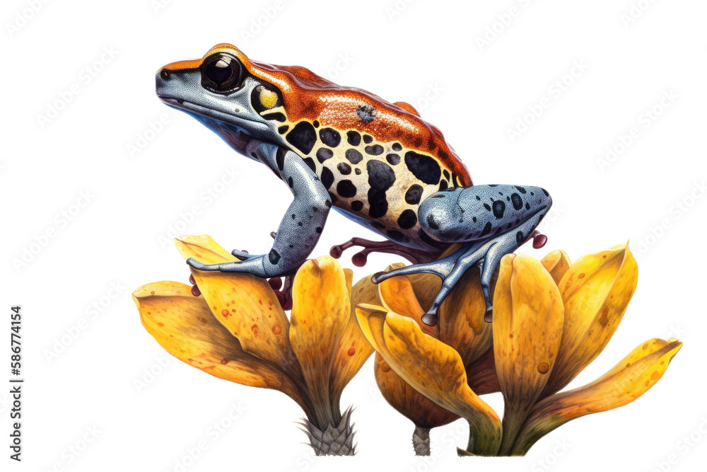 Obraz premium an isolated yellow and black, and red colored poison dart frog on flowers and leaves, jungle-themed photographic illustration on a transparent background in PNG. generative ai
