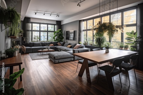 Open, fashionable living and dining area with a sofa and a dining table. Room with lots of plants, dark wooden parquet, and lots of natural light. High quality generative AI