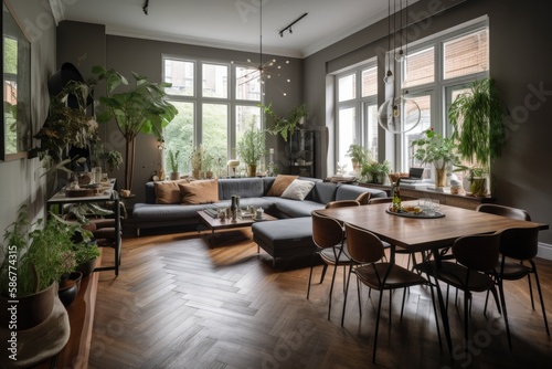 Open  fashionable living and dining area with a sofa and a dining table. Room with lots of plants  dark wooden parquet  and lots of natural light. High quality generative AI