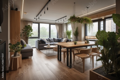 Open, fashionable living and dining area with a sofa and a dining table. Room with lots of plants, dark wooden parquet, and lots of natural light. High quality generative AI © MVProductions