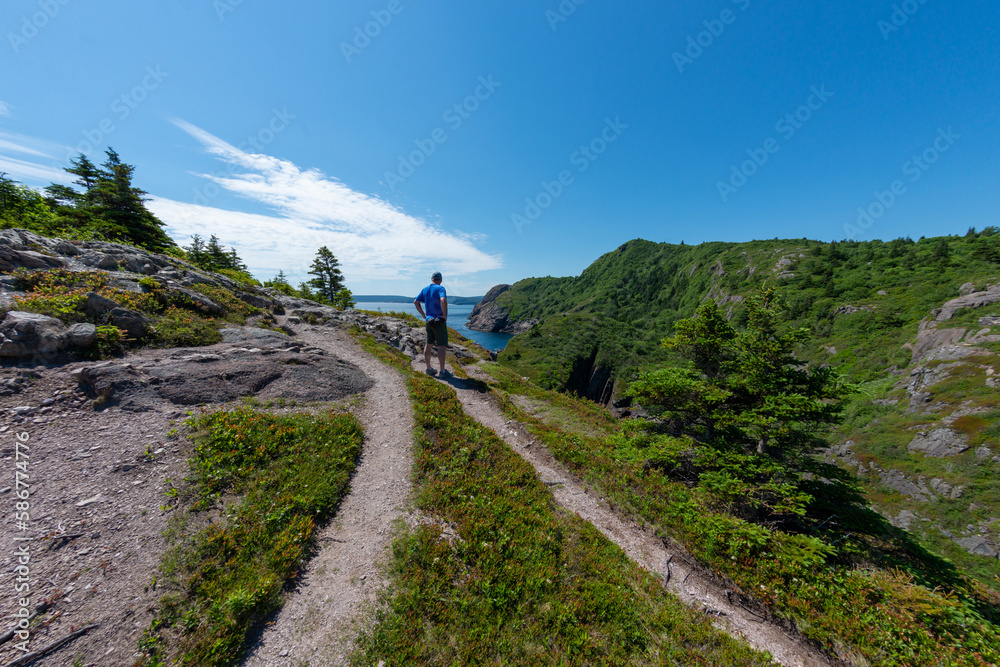 A senior male stops on a hiking trail to take in the view of mountains, coastline, and blue ocean. The man is wearing shorts and a blue T-shirt. The worn trail leads up a hill with trees and shrubs. 
