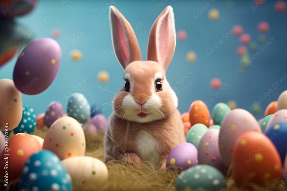 Cute and happy bunny with many easter eggs, Background with grass, festive background, Generative Ai