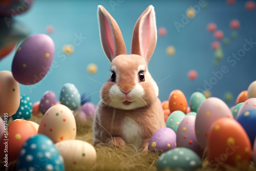 Cute and happy bunny with many easter eggs, Background with grass, festive background, Generative Ai