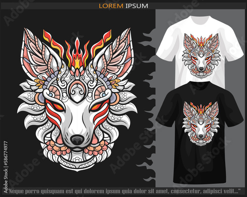 Colorful kitsune head mandala arts isolated on black and white t-shirt.