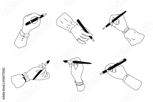 A set of hands illustrations holding pencils and brushes, writing and painting, hand gestures
