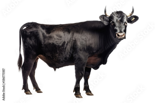 an isolated black cow bull side portrait, farm-themed, rodeo-themed photorealistic illustration on a transparent background cutout in PNG, generative ai