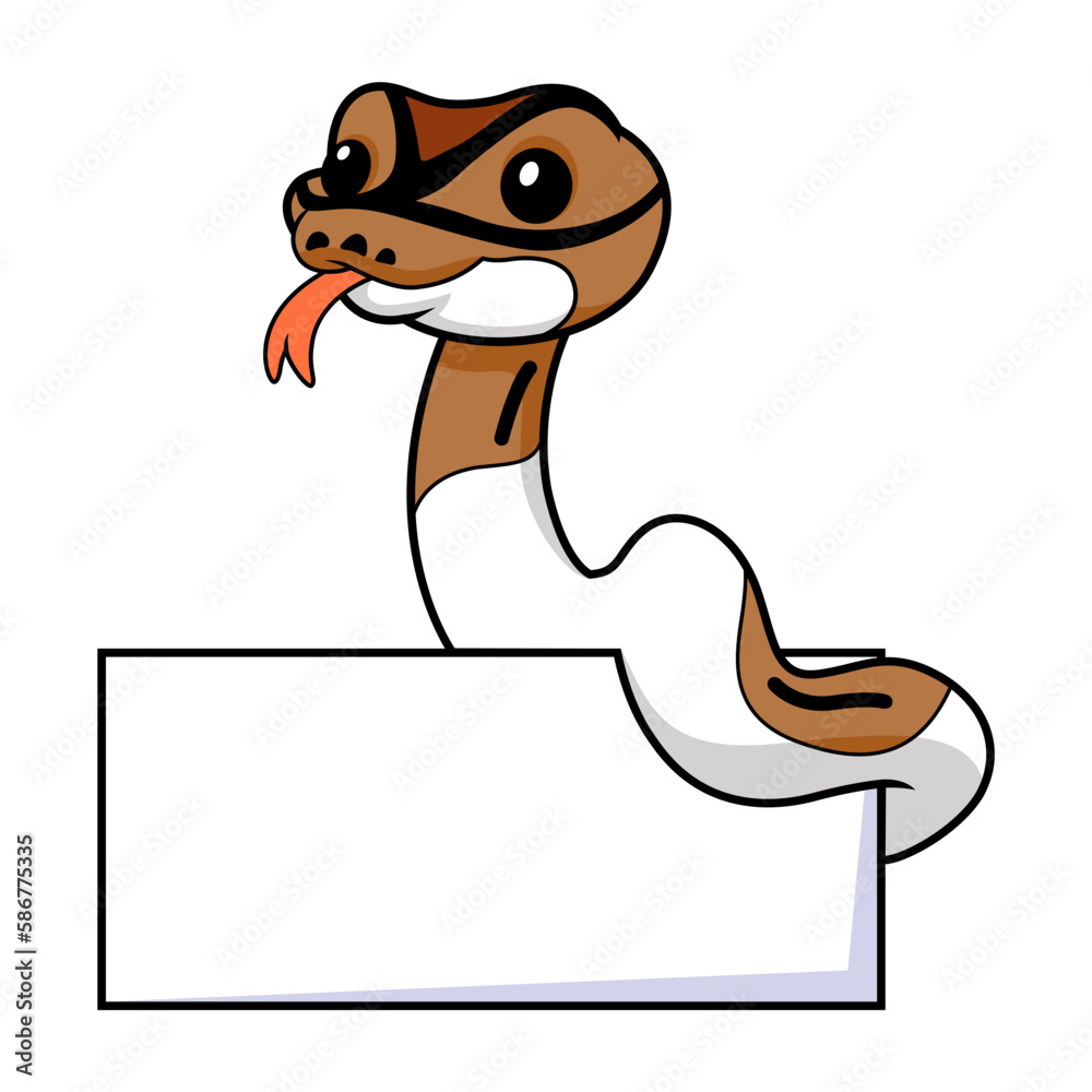 Obraz premium Cute pied ball python cartoon with blank sign