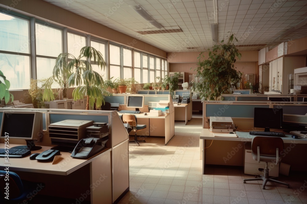 1980s styled office interior. Vintage computers and desks, lots of plants. Nobody. Generative AI - obrazy, fototapety, plakaty 