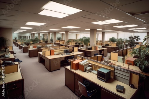 1980s styled office interior. Vintage computers and desks, lots of plants. Nobody. Generative AI