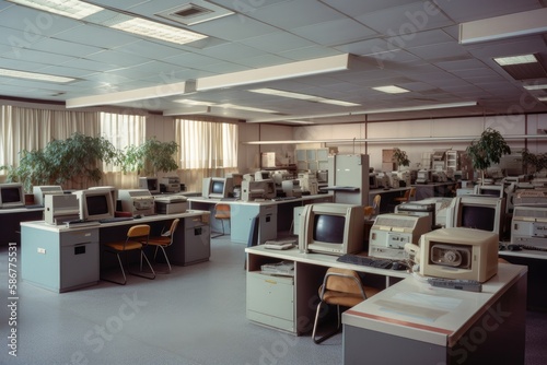 1980s styled office interior. Vintage computers and desks, lots of plants. Nobody. Generative AI photo