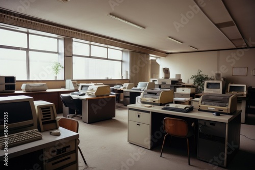 1980s styled office interior. Vintage computers and desks, lots of plants. Nobody. Generative AI
