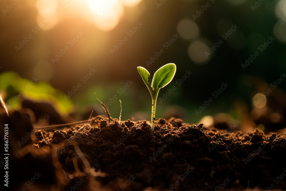 The seed is growing in the soil with the backdrop of sunlight The seed is growing in the soil with the backdrop of sunlight