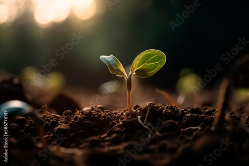 The seed is growing in the soil with the backdrop of sunlight 