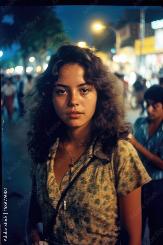 young woman in a Mexican City street at night looking at the camera . Generative AI	
