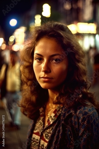 young woman in a Mexican City street at night looking at the camera . Generative AI 