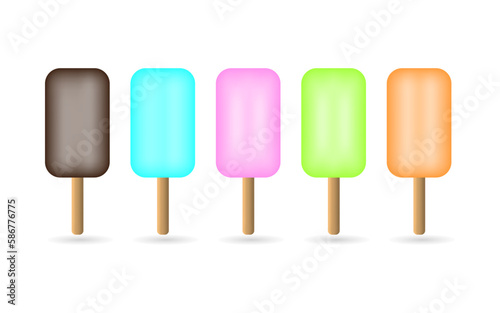 Set of ice lollys collection. Set of delicious ice cream with various flavors isolated on white. Chocolate glaze, bubblegum flavor, strawberry flavor, melon flavor, orange flavor