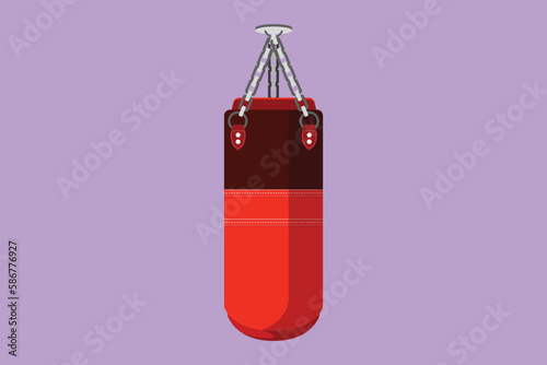 Graphic flat design drawing red black punching bag logo, icon, symbol. Hitting bag for boxing training. Boxing equipment exercise. Kickboxing event. Fighter practice. Cartoon style vector illustration