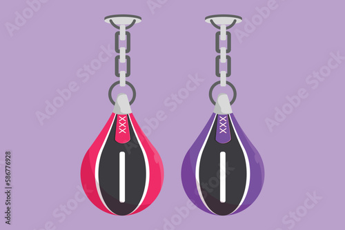 Graphic flat design drawing stylized punching bag logo. Boxing speed bag for boxer training. Boxing equipment exercise for gym or fitness club. Punching sack boxing. Cartoon style vector illustration