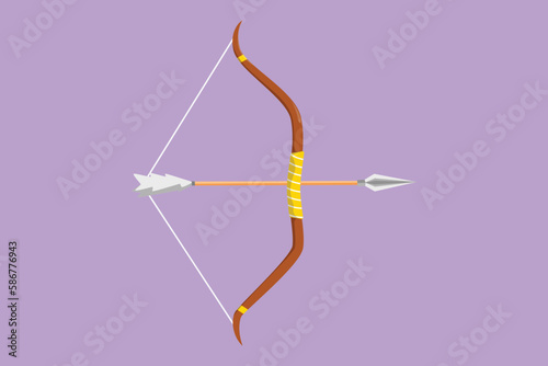 Character flat drawing arrow and bow Indian archery weapon logo, label, sticker, card, icon, symbol. Native longbow warrior, hunting equipment. Tribal wooden armor. Cartoon design vector illustration