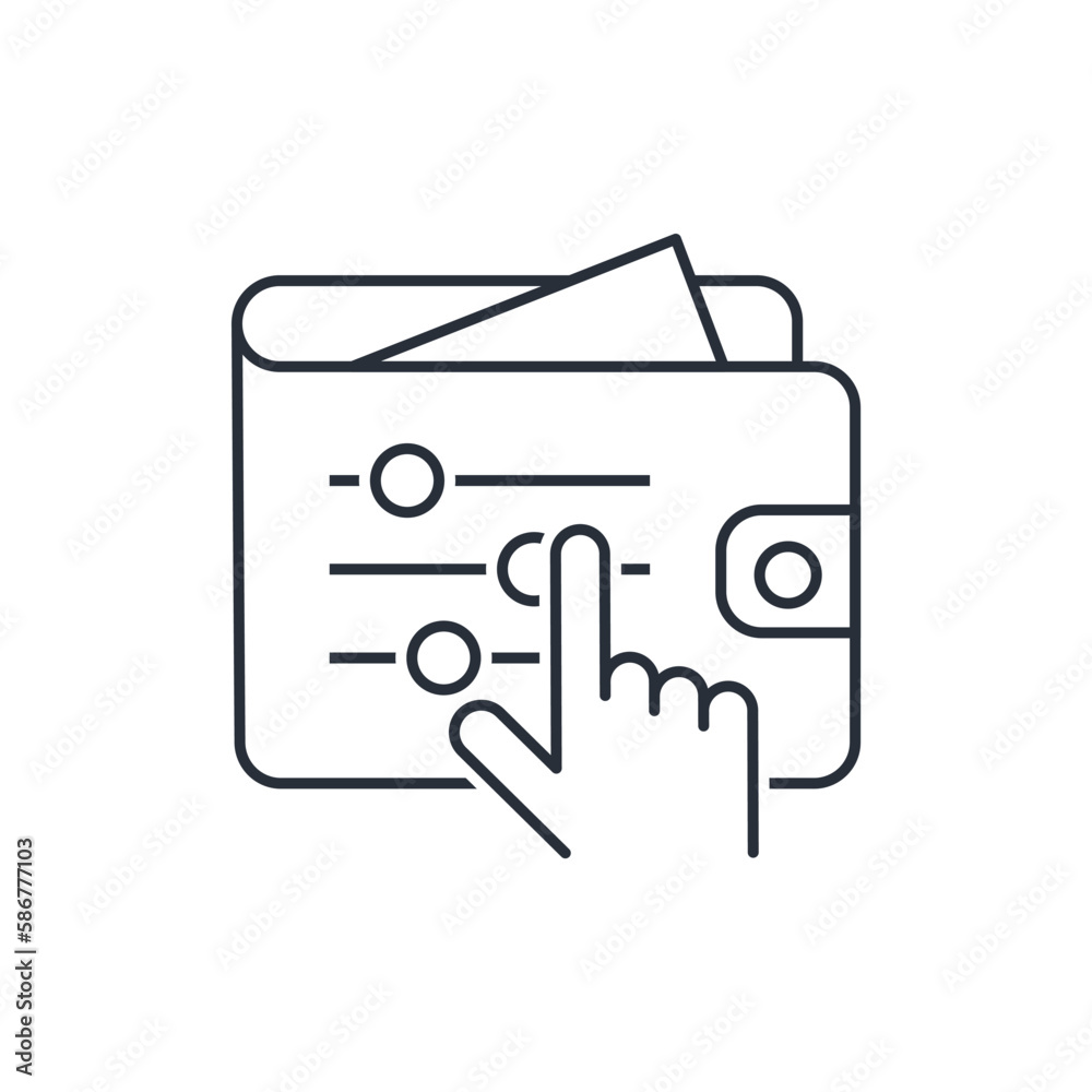Electronic wallet with settings panel.Personal banking service.Vector linear icon isolated on white background. Electronic wallet with settings panel.Personal banking service.Vector linear icon isolated on white background.