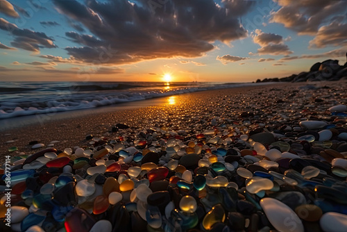 Colorful shining vibrant glass pebbles on beach, generative AI
