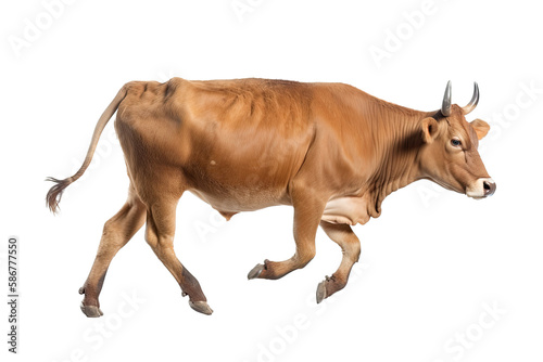 a spring-themed brown jersey cow and bull running, photographic illustration on a transparent background in PNG.