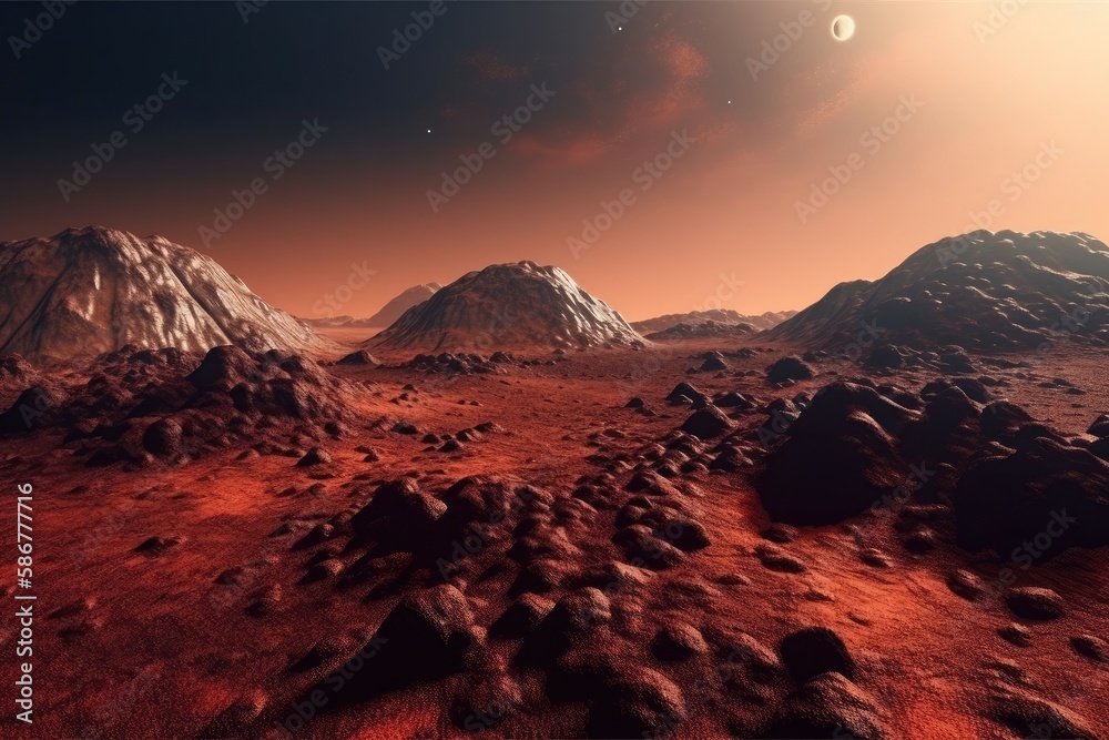 Landscape of unknown red planet surface with craters and mountains and moons. Extraterrestrial landscape. 3D render. High quality generative ai.