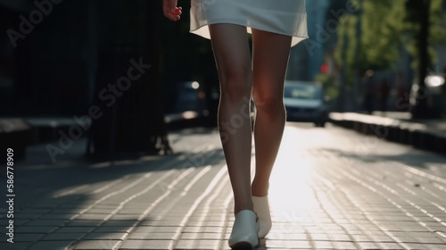 Walking on a sidewalk is a stunning lady with white miniskirt and long legs. Generative AI.