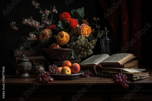 Classic still life composition, vase, fruit, books. Generative AI © MVProductions