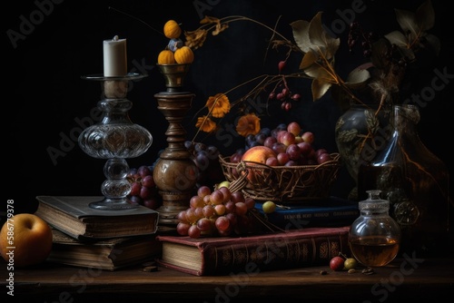 Classic still life composition, vase, fruit, candles, books. Generative AI