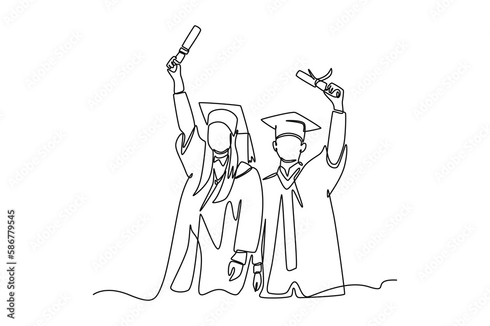Single one-line drawing two best friends hugging on graduation day ...