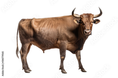an isolated Brown Bull cow side view strong and muscular, farm-themed photorealistic illustration on a transparent background cutout in PNG. Generative ai