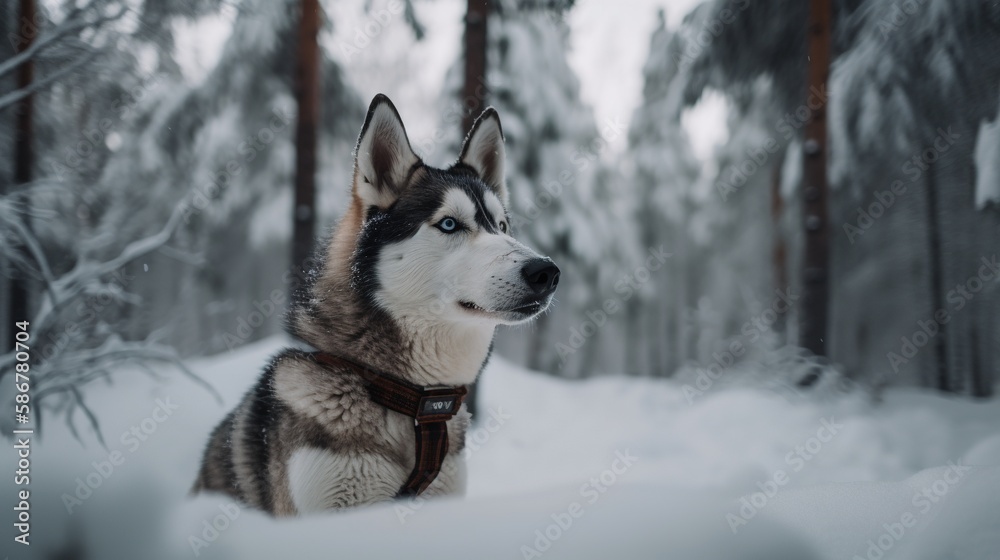 Portrait of a Siberian Husky dog in the winter forest.Generative Ai Portrait of a Siberian Husky dog in the winter forest.Generative Ai