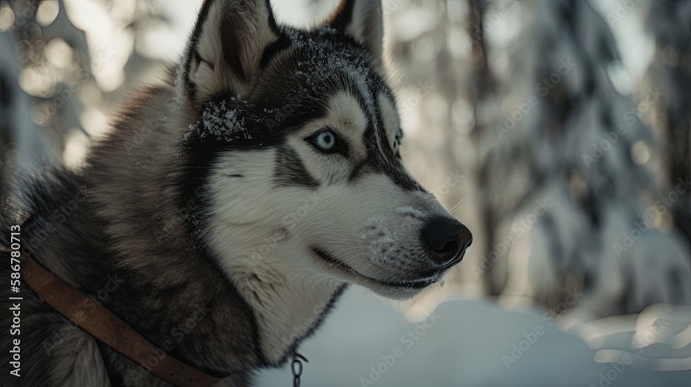 Portrait of a Siberian Husky dog in the winter forest.Generative Ai Portrait of a Siberian Husky dog in the winter forest.Generative Ai