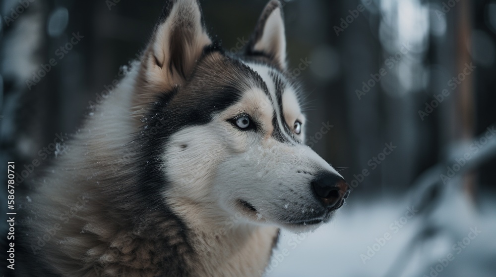 Portrait of a Siberian Husky dog in the winter forest.Generative Ai Portrait of a Siberian Husky dog in the winter forest.Generative Ai