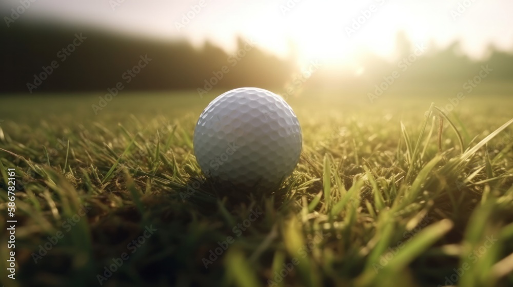 Green grass with golf ball close-up in soft focus at sunlight. Sport playground for golf club concept. Generative AI. Green grass with golf ball close-up in soft focus at sunlight. Sport playground for golf club concept. Generative AI.