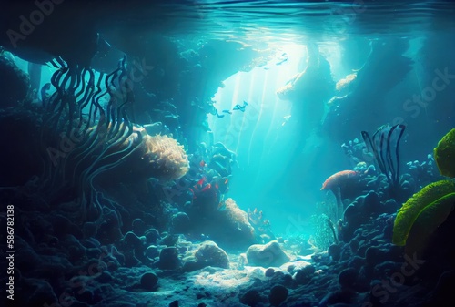 Deep sea and aquatic life with sunshine background. Digital art illustration. Marine life and undersea concept. Generative AI
