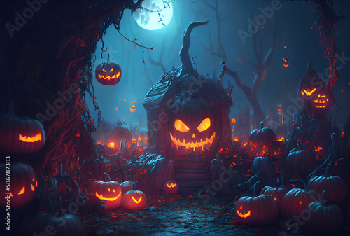 Mystery forest with many glowing Jack O Lantern pumpkins background. Spooky and Halloween day concept. Generative AI